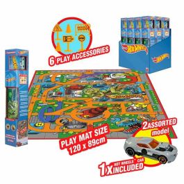 Hot Wheels Alfombra de Juego Grande 87,5x118 cm con 1 Coche de Juguete Incluido, para Niños a Partir de 3 Años