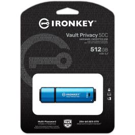 Kingston IronKey Vault Privacy 50C USB-C 512GB Cifrado AES-256 FIPS 197 Tapa IPX8 Lectura 310MB/s Escritura 250MB/s