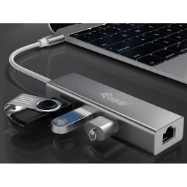 EQUIP Adaptador USB-C a RJ45 Gigabit (10/100/1000 Mbps) y 3 Puertos USB 3.0, Cable 0.15m