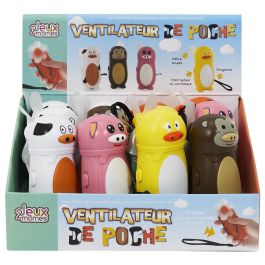 Jeux 2 momes Ventilador Infantil Animal Portátil (Vaca, Panda, Cerdo, Tigre, Pato, Mono) con Correa y Hélice Blanda - Funciona con Pilas AA