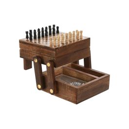 DKD Home Decor Juego de Mesa Colonial Ajedrez y Cartas Madera Sheesham Marrón Dorado 12x8x13 cm - Set 4 Piezas