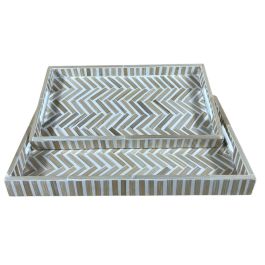DKD Home Decor Bandeja Decoración Tropical de Bambú y Resina, Marrón y Blanco, 27x46x4.5 cm, Set de 2 piezas, Mosaico
