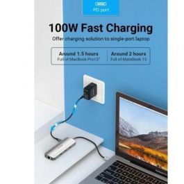Vention TOKHB Docking USB Tipo-C con HDMI, 3xUSB 3.0, USB-C PD 100W, RJ45 Gigabit Ethernet, Lector SD/MicroSD, Gris