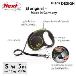 Flexi Black Design S Correa de Cinta 5M Verde con Carcasa Negra