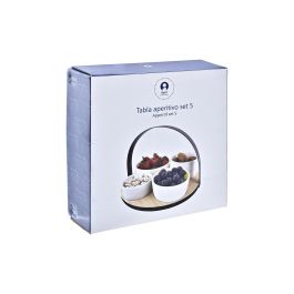 DKD Home Decor Tabla Aperitivo Loft de Gres, Bambú y Metal, Set de 5 piezas, colores Negro, Natural y Blanco, 20x20x14 cm