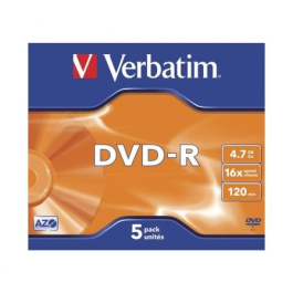 Verbatim Dvd-R, 4.7 grb, 16X, 5 Pack Branded Jewel Case, Superficie Matt Silve