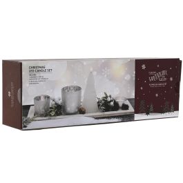 DKD Home Decor Portavela Navidad Moderna de Cristal Madera con Vela LED Blanco Plateado, Set 5 Piezas, 39x9x13.5 cm