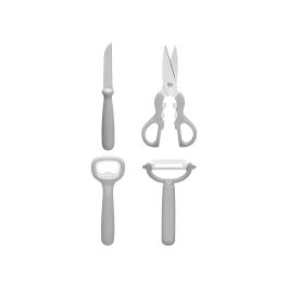 Kinvara Set 5 Piezas Utensilios Cocina Gris Plástico y Metal Incluye Tijeras, Cuchillo, Pelador, Abridor Botella y Base