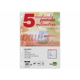 Liderpapel Recambio Cuarto 100 Hojas 75gr Cuadriculado Pautado 5mm con Margen y 6 Taladros