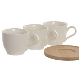 DKD Home Decor Tazas de Cafe Blancas de Porcelana y Bambu, Set de 6 Piezas, 90ml, Apto Microondas y Lavavajillas, 6.4 x 5.2 x 8.8 cm