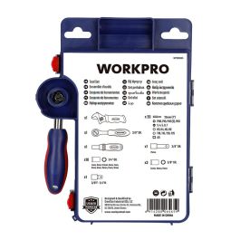 Workpro Vasos con Carraca, Mango y Llave Ajustable, 38 Piezas: Incluye Puntas, Vasos Métricos y Accesorios de Almacenamiento