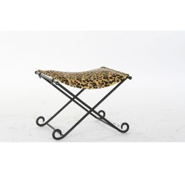 DKD Home Decor Reposapies Colonial de Piel y Metal Marron Negro con estampado Leopardo, Altura de Asiento 39 cm, 55x45x41 cm