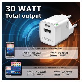 PEDEA 60040106 Cargador Rápido USB-C PD 30W 2 Puertos (USB-C + USB-A) 100-240V - Blanco