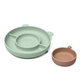 KioKids Plato de Silicona con 3 Compartimentos, Ventosa y Diseño de Oso para BLW, Verde, de Grado Alimentario y Lavavajillas, Edad +6 Meses