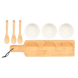 Kinvara Set 3 Bols de Cerámica Blanca con Cuchara y Bandeja de Bambú, Vajilla para Servir, 39x6x10.5 cm (12 Unidades)