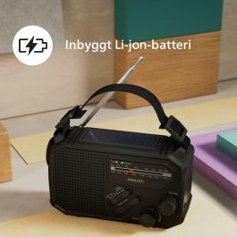 Philips Radio Portátil TAR1609/00 Negra con Linterna SOS, Carga Solar y Manivela, Batería Integrada y Sintonización FM/AM Analógica para Exteriores