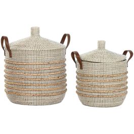 DKD Home Decor Cesta Boho Hecha a Mano, de Seagrass y Cuero, Colores Natural y Marrón, 45x51x45 cm, Set de 2 Precio: 115.90000004. SKU: B13BL4M6EC