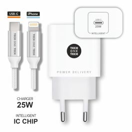 Tech One Tech Cargador ultrarrápido PD 25W con cable nylon USB-C a Lightning 1m Blanco
