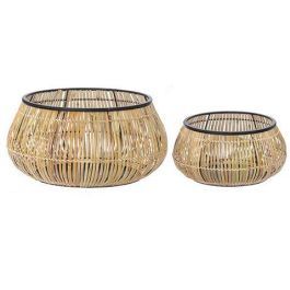 DKD Home Decor Macetero Balines de Ratán y Metal Natural Negro 50x50x25.4 cm Set de 2