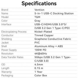 Docking USB Tipo-C Vention TGMHB/ 3xUSB/ 1xHDMI/ 1xUSB Tipo-C PD