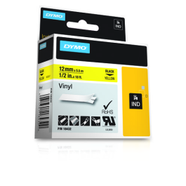 Dymo Rhino Cinta De Etiquetas Industrial Adhesiva Id1-12, Negro Sobre Amarillo 12 mm, Vinilo S0718450