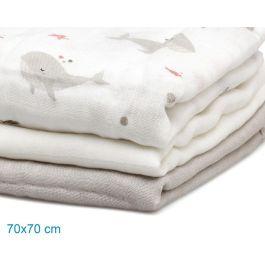 KioKids Set 3 Muselinas Bebé Océano Gris y Blanco Bambú Algodón 70x70 cm
