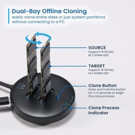 EWENT EW7078 Clonador SSD Doble Bahía USB 3.2 Gen 2 Estación de Acomplamiento M.2 NVMe SATA hasta 10Gbps Negro