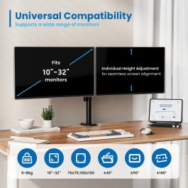 Ewent EW1512 Soporte de Escritorio Doble para 2 Monitores de hasta 32" y 8kg | VESA 75x75/100x100 Ergonómico con Ajuste de Altura y Giro