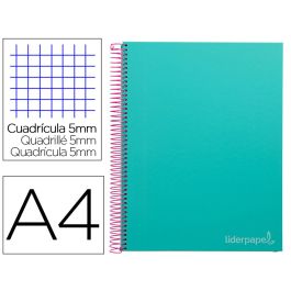 Cuaderno Espiral Liderpapel A4 Micro Jolly Tapa Forrada 140H 75 gr Cuadro 5 mm 5 Bandas4 Taladros Color Turquesa