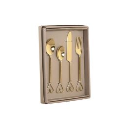DKD Home Decor Cubertería Glam Acero Inoxidable Dorado, Set de 16 Piezas, Diseño Corazón, Apto Lavavajillas
