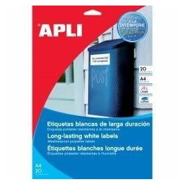 Apli Etiquetas Adhesivas Resistentes Intemperie Poliéster Blanco 210x297 mm Láser C-Rectos 100 Hojas Precio: 77.89000021. SKU: S8400998