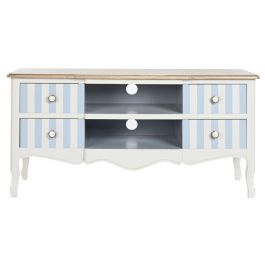 DKD Home Decor Mueble TV Mediterráneo Colección Bayona 2023 Madera Paulownia Blanco Azul Celeste 120x48x60 cm con 4 Cajones y 3 Puertas
