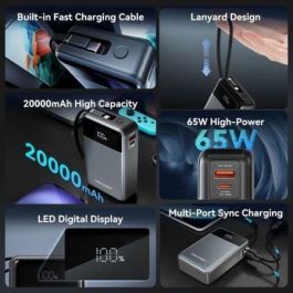 Vention FHYB0 Powerbank 20000mAh 65W con Cable USB-C Incorporado, USB-A/C, Pantalla LED, Gris