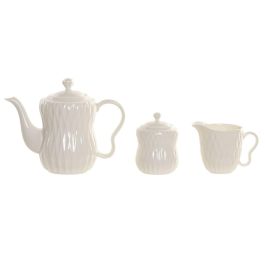 DKD Home Decor Tetera Colección Pengjia 25 Blanco Marron Oscuro Porcelana Bambu 25 x 18 x 28 cm Set de 4