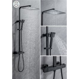 Oceanic Columna de Ducha Termostática Mezclador 38°C Rociador Cuadrado Extraplano 30x30 cm Negro Mate Acero Inox Regulable