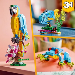 Lego 31136 Loro exótico 3-en-1, figuras de animales de la jungla, con rana y pez