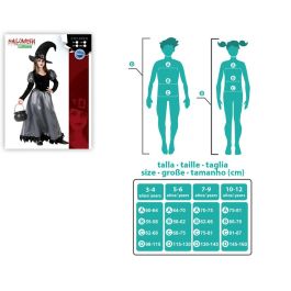 Disfraz Bruja Infantil para Niña 7-9 Años - Vestido de Halloween en Gris y Negro con Sombrero de Punta y Hebilla, Poliéster, Detalles Brillantes, Calidad Premium