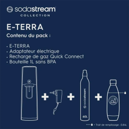 Sodastream E-TERRA Máquina para preparar agua con gas y soda con 1 botella apta para lavavajillas y 1 recarga de gas de 60 l - Color negro