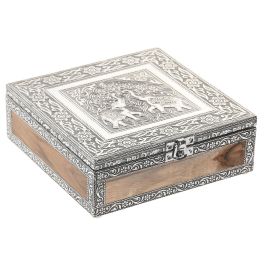 DKD Home Decor Joyero árabe de Madera y Aluminio Plateado Gris con Elefante 18 x 6 x 18 cm (2 Unidades)