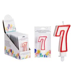 Vela Cumpleaños Número 7 Blanca con Borde Rojo - Arte Regal 4.2x8.2x1 cm (72 Unidades) Precio: 30.50000052. SKU: B1K2TWLQCF