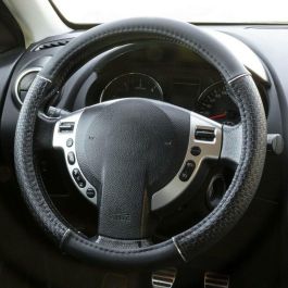 Funda para Volante de Coche Cs 6 con Inserto Negro y Cromo, FVO10123 - Cuero Genuino, Duradera, Costura Perfecta, Agarre Cómodo