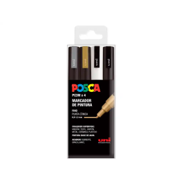POSCA Marcador PC-3M-4C No Permanente Punta Fina 0.9 mm-1.3 mm Estuche 4U Colores Surtidos Básicos: Oro, Plata, Blanco y Negro Precio: 10.78999955. SKU: S8418986