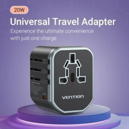 Vention FJCB0 Cargador de Pared Universal para Viaje, 1xUSB Tipo-C, 2xUSB, 20W Carga Rápida Compatible con Enchufe US, AU, UK, EU