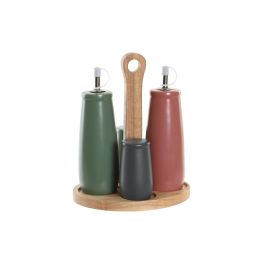 DKD Home Decor Aceitera Vinagrera Scandi Set 4 Piezas Gres y Madera Verde Rosa Blanco Natural Apto Lavavajillas 16x22.5x19cm