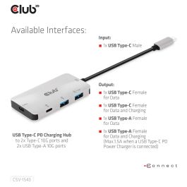 Club 3D CSV-1543 Adaptador Hub USB-C a 2x USB-C + 2x USB-A 3.2 Gen 2 con Carga de 100 W, Plata y Negro