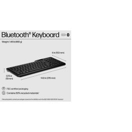 HP Compact Bluetooth keyboard supporting up to three devices, full-size layout, spill-resistant design, long battery life.
