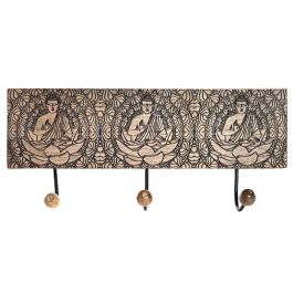 DKD Home Decor Perchero de Pared Oriental con Buda, 3 Colgadores, Madera de Mango y Metal, Marrón Oscuro 38x18x6 cm