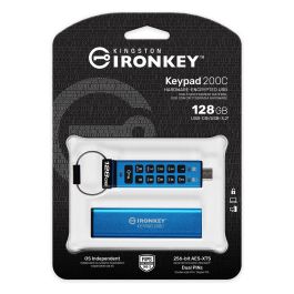 Kingston IronKey Keypad 200C 128GB USB-C, Llavero Seguro FIPS 140-3 con Teclado, Cifrado AES-256 Hardware, Resistente IP68, Azul