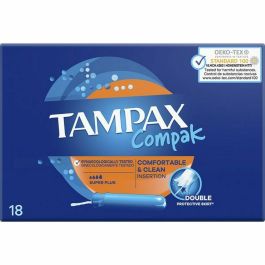 Tampax Compak Tampón Super Plus 18 unidades con Aplicador Suave y Compacto, Falda Protectora y 8h Protección para Flujo Abundante Precio: 4.49999992. SKU: S05106213