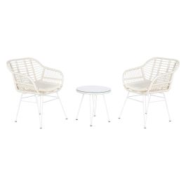 DKD Home Decor Silla de Terraza y Jardín Ratán Sintético y Hierro Galvanizado Blanco Set de 3 Desmontable con Cojines 56x57.5x82 cm